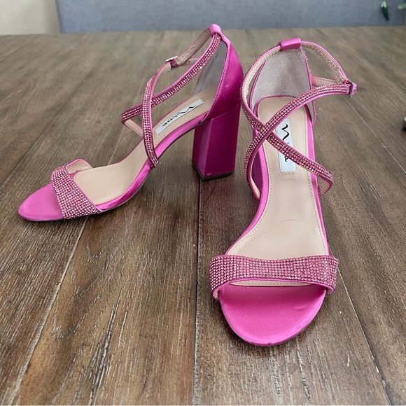 NINA Shoes Henesi Rhinestone Open Toe Hot Pink Heels Satin SZ 7.5 - Picture 2 of 13